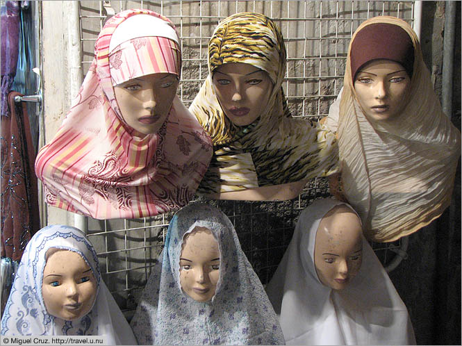 Syria: Damascus: Latest head scarf fashions for young and old